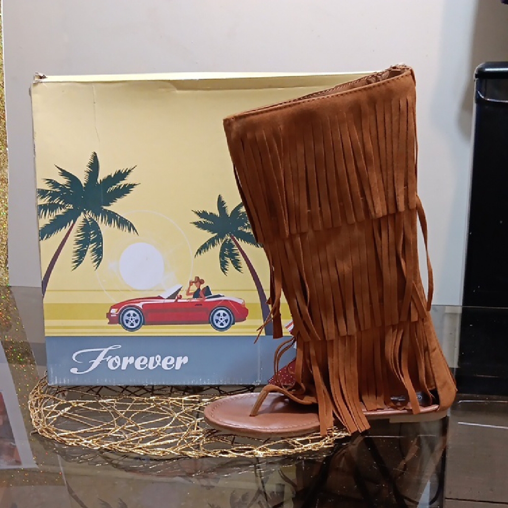 Forever Fringe Knee-High Sandals in Brown